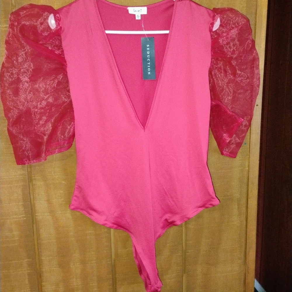 NWT Plus Size XL Red Classy Mesh Sleeves Body Suit